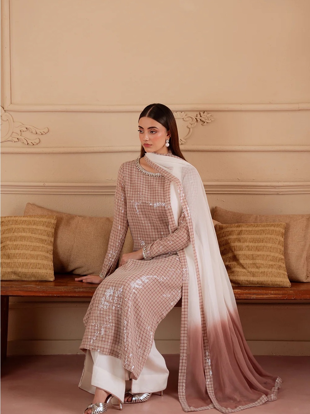 Sequin Blush Straight-Leg Pantsuit with Ombre Dupatta